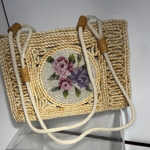 Floral Embroidered Straw Tote Bag